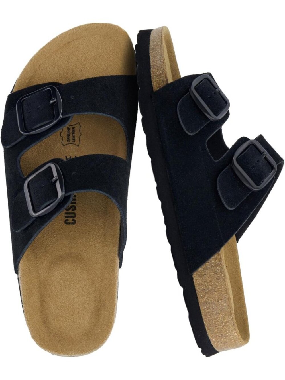 Women's Genuine Leather Suede Slides with Cushioned Footbed & Adjustable Buckles